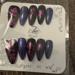 Press On Nails Black Purple‎ Rose Design Stiletto False Nail Tips Manicure